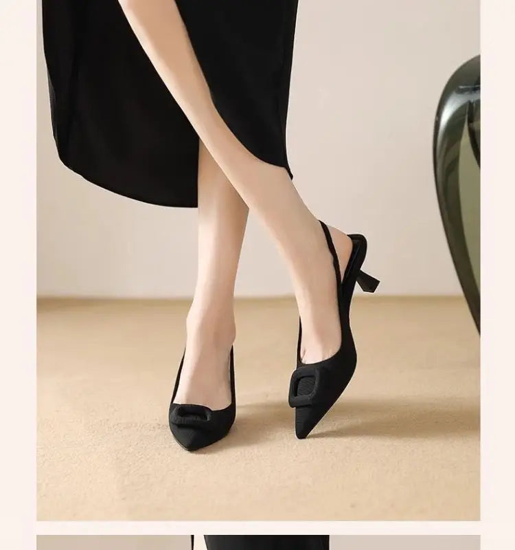Brand Woman Slingback Shoes Fashion  Spring New Ladies High Heels Elegant Med Heel Pointed Toe Slip on Sandal Mules