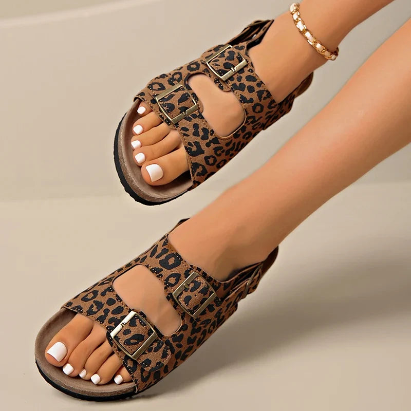 Fashion Bukcle Leopard Print Sandals Women 2025 Summer Back Strap Platform Sandles Woman Comfortable Plus Size Beach Sandalias