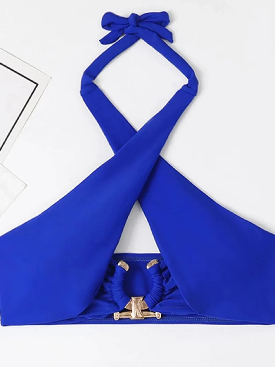 2026 Halter Bikini Solid Metal Link Swimsuit Women Hollow Out Swimwear Female Bathers Bathing Swimming Swim Suit Beachwear