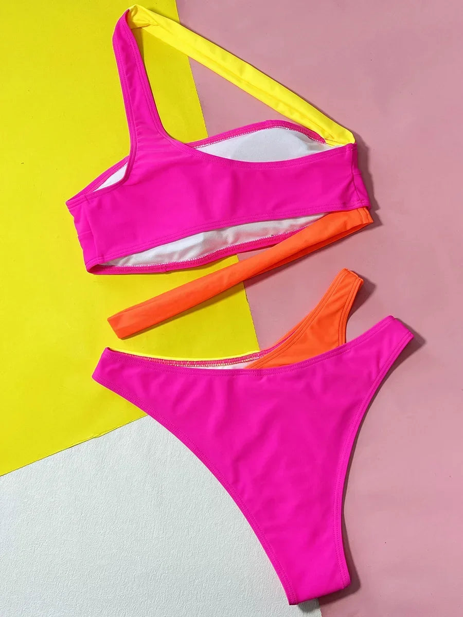 Splicing Asymmetric One Shoulder Bikini Women Swimsuit Female Swimwear Two-pieces Bikini Set Bandeau Bather Bathing Suit Swim