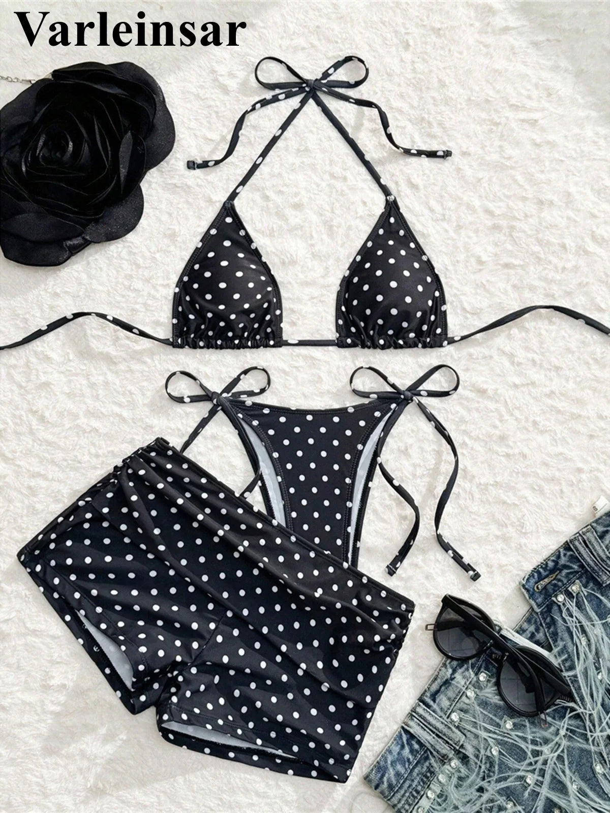 S - XL With Shorts Polka Dot Halter Bikini Female Swimsuit Women Swimwear Three-pieces Bikini Set Bather Bathing Suit Swim V8292