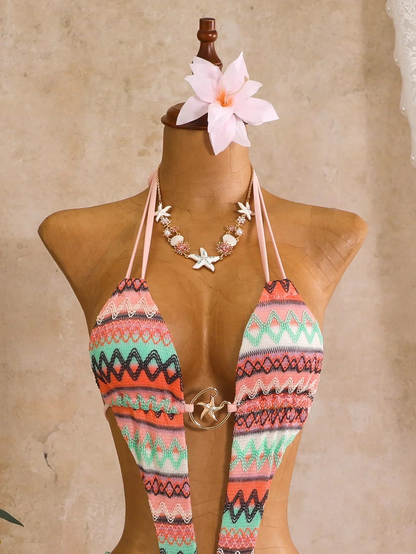 Bohemia Pink Knitted Striped Swimwear 2026 Women Metal Circle Patchwork Hollow Backless Beach Bathing Suit One Piece Swimsuit