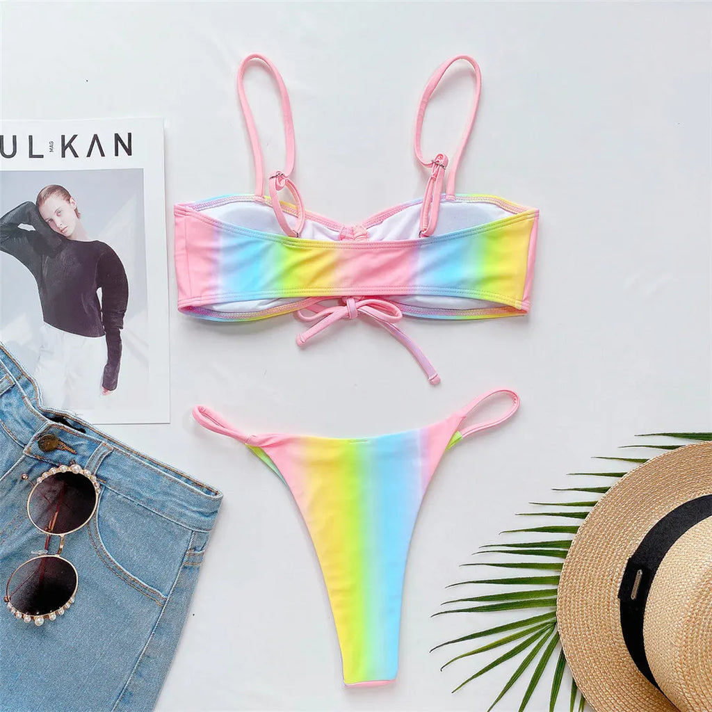 Rainbow Printed Micro Thong Lace Up Bikini Female Swimsuit Two-Pieces Bikini Set Bather Bathing Suit Swim Women Swimwear V3075