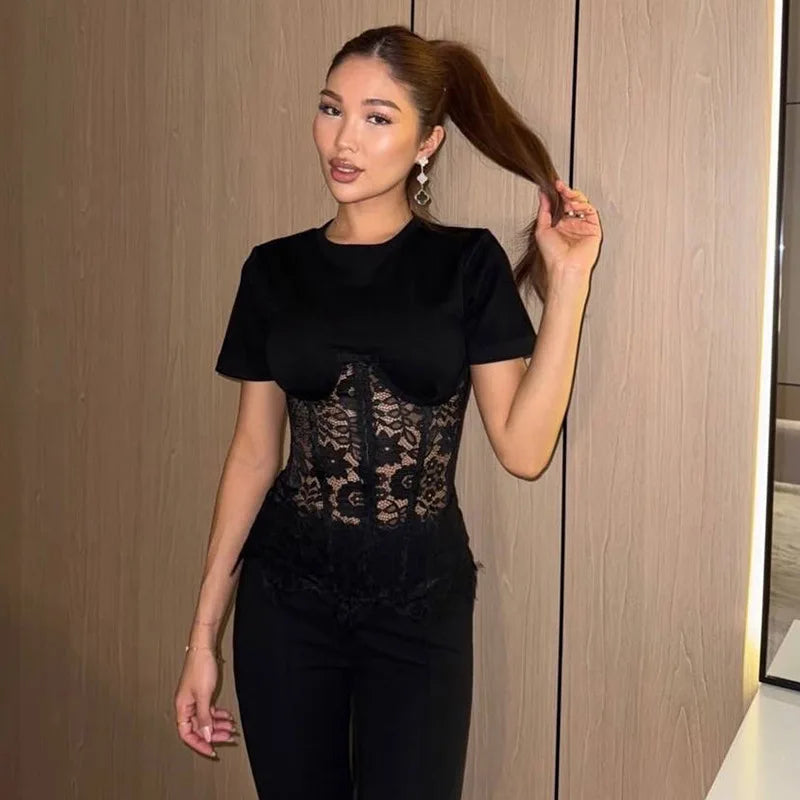 FDYOUI Woman Clothing Lace Patchwork Corset T-shirt 2026 Elegant Sexy Short Sleeve See-through Black Tops Y2K Girls T-shirts