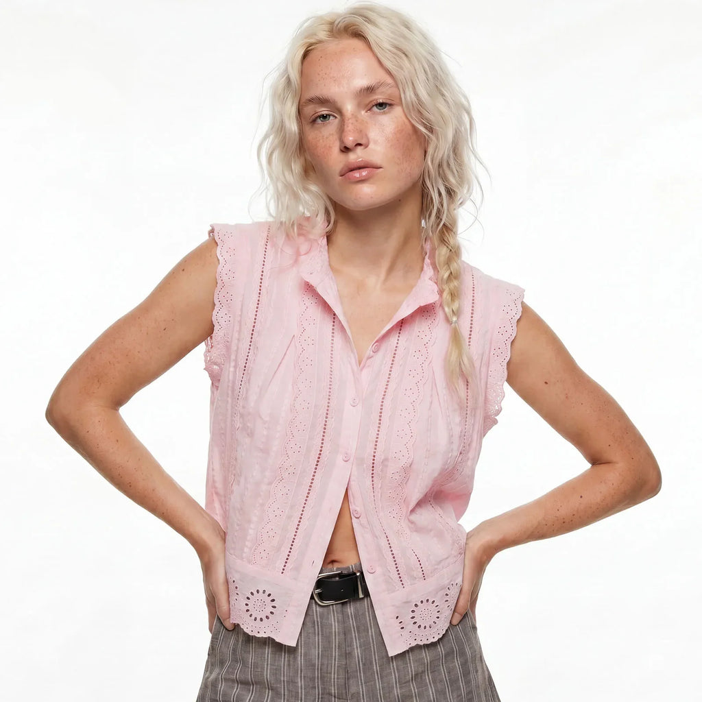 Summer Women’s Button Down Eyelet Tops Solid Color Sleeveless Round Neck Lace Trim Shirts Daily Casual Blouse Summer
