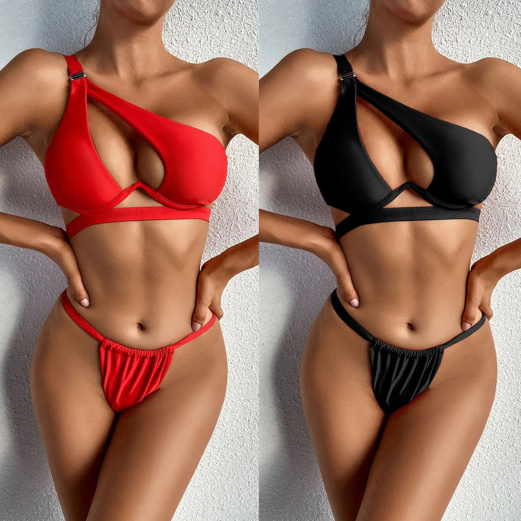 DEKA One Shoulder Bikini Set Women Solid Push Up Underwired Swimwear Beach Wear Thong Swimsuit Biquini Pleated Bathing Suits