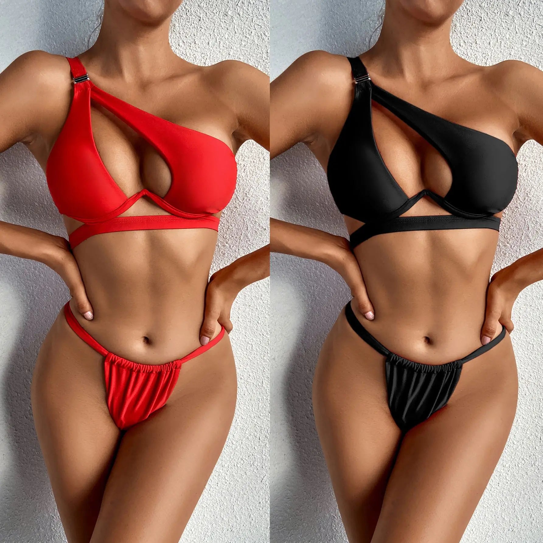 DEKA One Shoulder Bikini Set Women Solid Push Up Underwired Swimwear Beach Wear Thong Swimsuit Biquini Pleated Bathing Suits