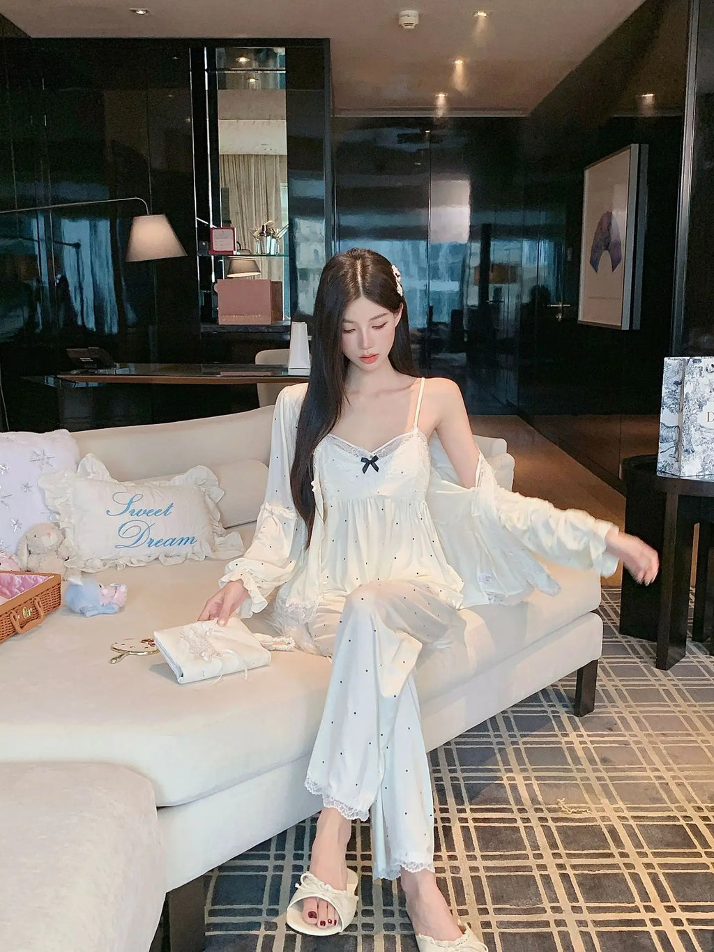 Women's spring and summer modal pajamas, comfortable three-piece home wear set with chest pad