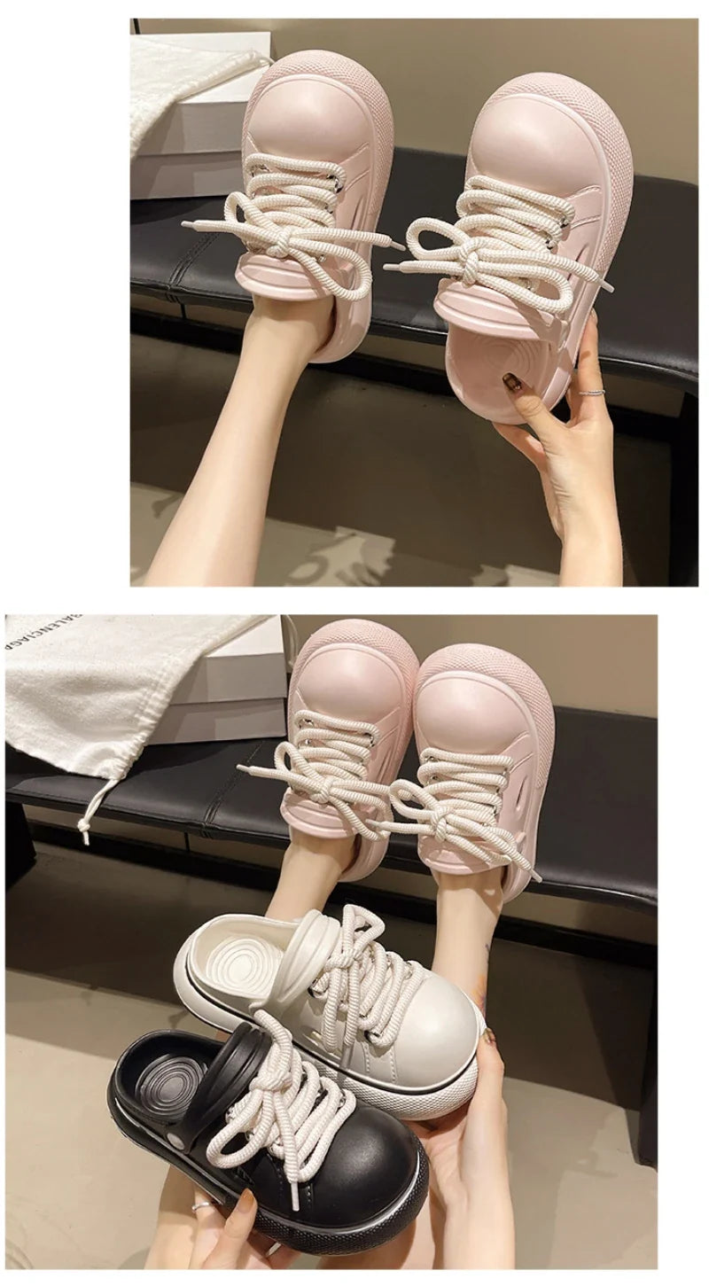 2025 DIY Laceup Platform Slippers For Women Home Street Garden Shoes Thick Sole Fashion Clogs Girls Summer Sandals Beach Slides