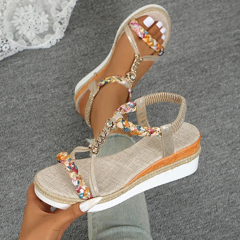 Fashion T-Strap Platform Sandals for Women New Mix Color Elastic Band Wedge Sandals Woman Summer Daily Open Toe Sandalias Female