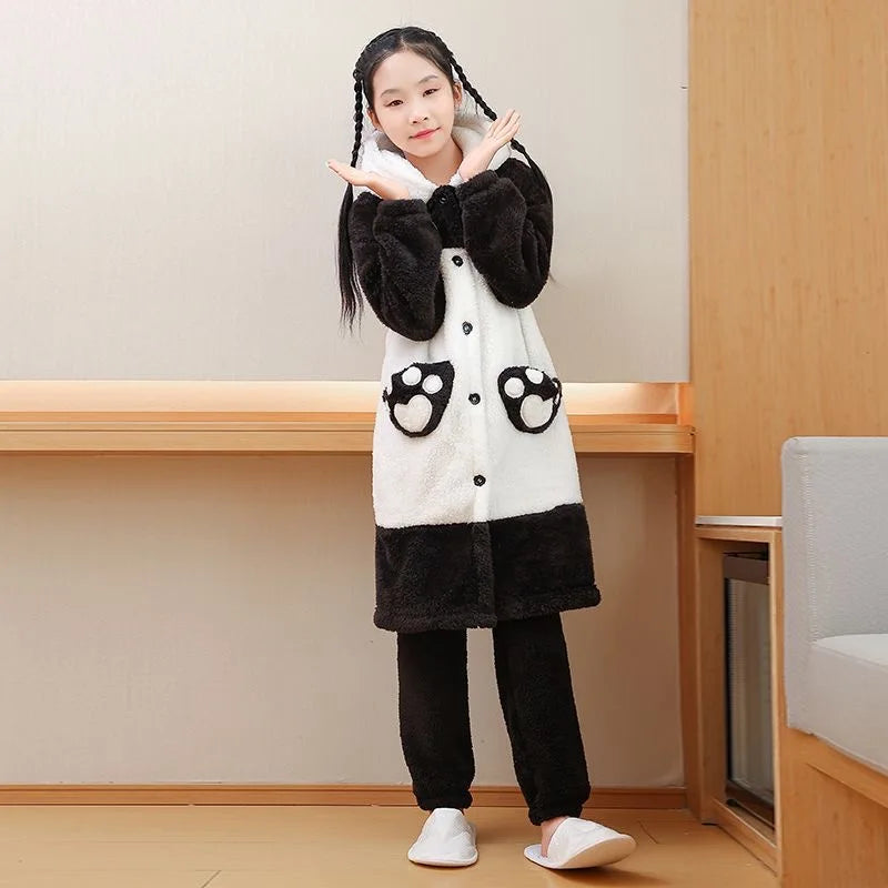 Cartoon Panda Plush Pajamas Robes Anime Adult Nightgown Winter Long Sleeve Night Dress Halloween Party Comfy Kawaii Girl Slipper