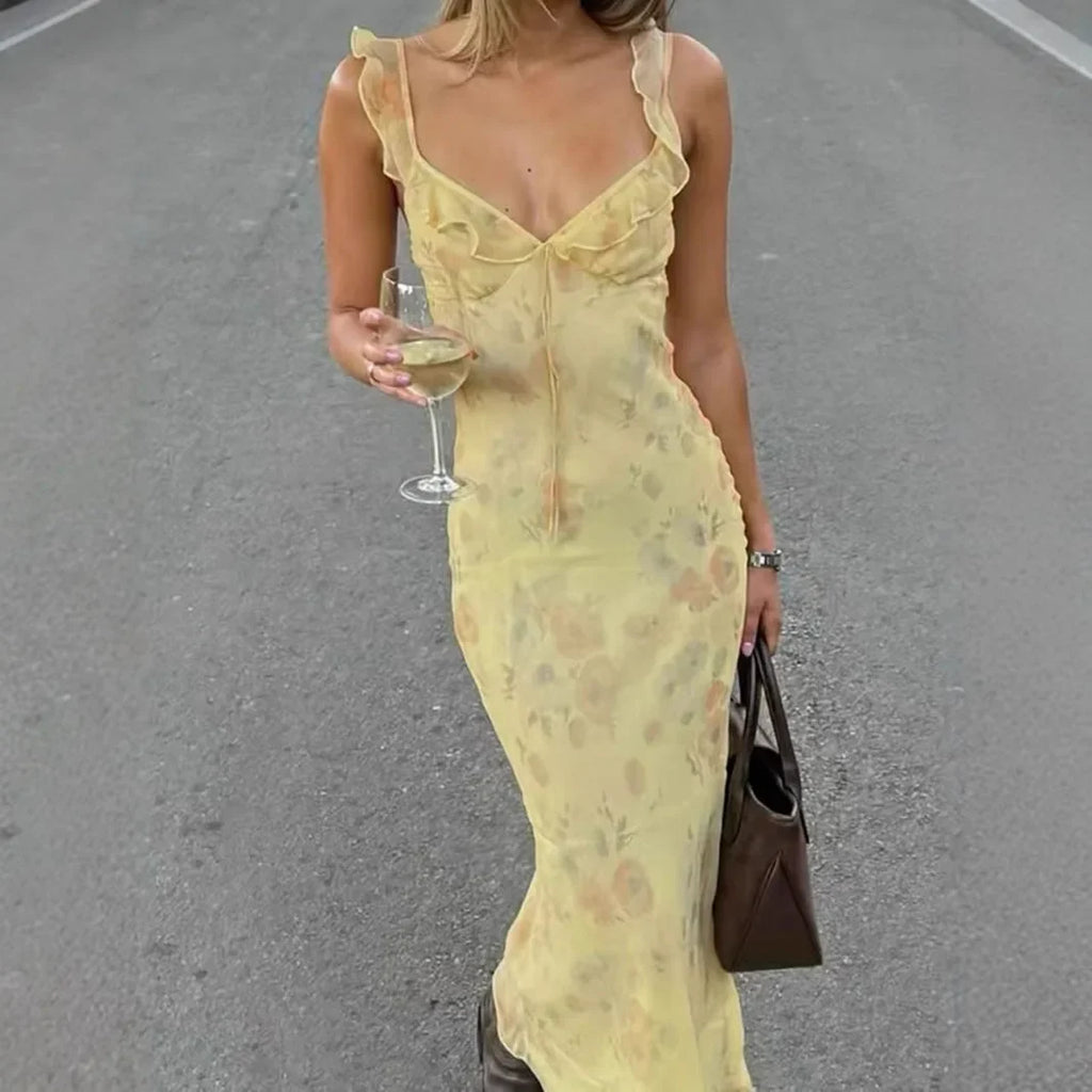 Sexy Elegant Flower Print Slim Long Dresses Women V-neck Low Cut Leace-up Backless Package Hip Bodycon Sleeveless Dress Female