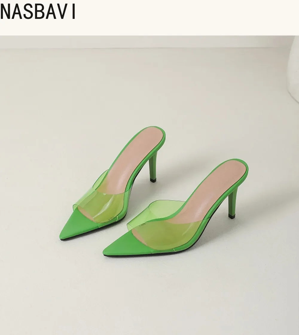Ladies High-heeled  Beach Slippers Shoes Fashion Pointed Sexy Candy Color Patent Leather Open Toes Sandals Big Size 35-43 New