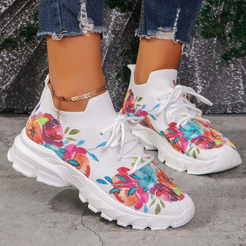 Floral Print Women's Knitted Sneakers Summer 2025 New Breathable Air Mesh Casual Shoes Woman Light Weight Walking Sports Flats