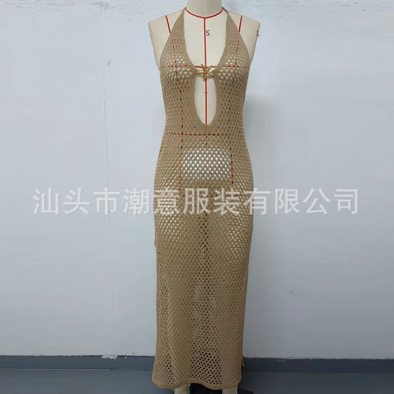 DEKA Women Knitted Beach Deep V Cover Ups Crochet Cutout Backless Dress for Bikini Swimsuit Bathing Suit Summer Clothes