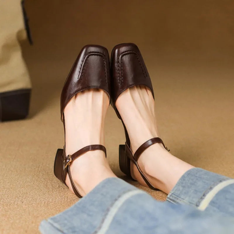 Plus Size 34-41 Women's Sheepskin Narrow Band T-strap Square Toe Summer Sandals 3.5cm Thick Low Heel Elegant Ladies Dress Shoes