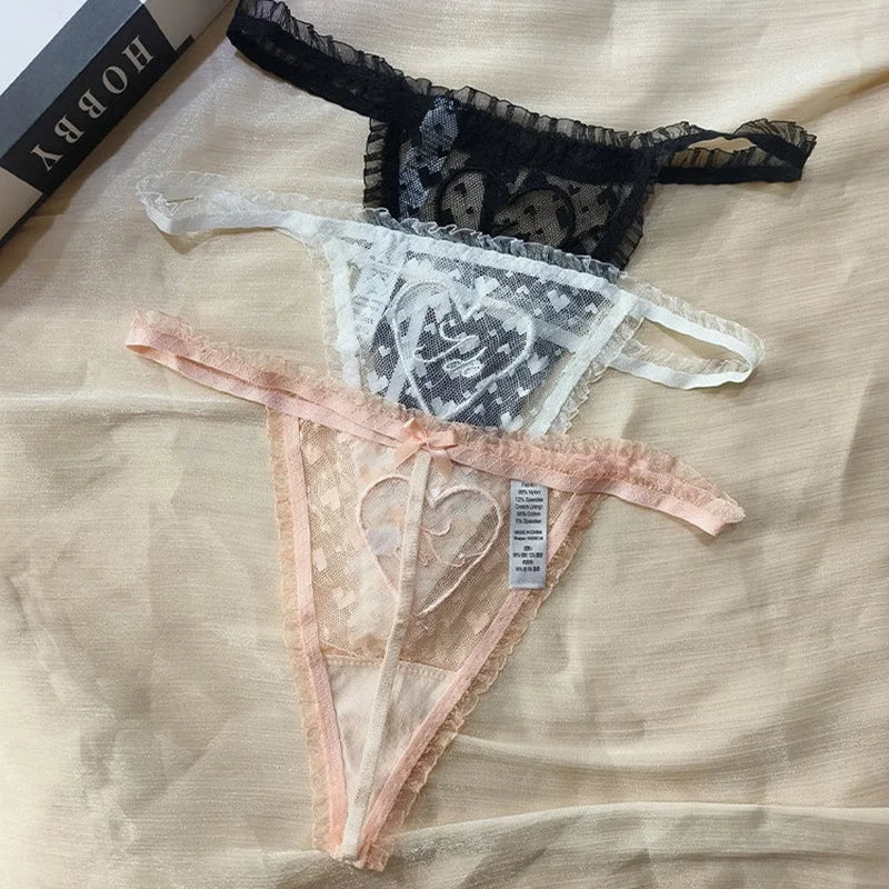 Embroidery Heart Sexy Girls Panties Women Briefs Thong Lace G String Underwear Thin Transparent Low Waist Female Lingerie