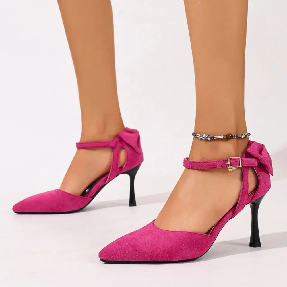 Flock Suede Female Sandals For Women Pointed Toe Stiletto Heel Buckle Strap Butterfly Knot OL Single Shoes Big Size 34-45 Sexy
