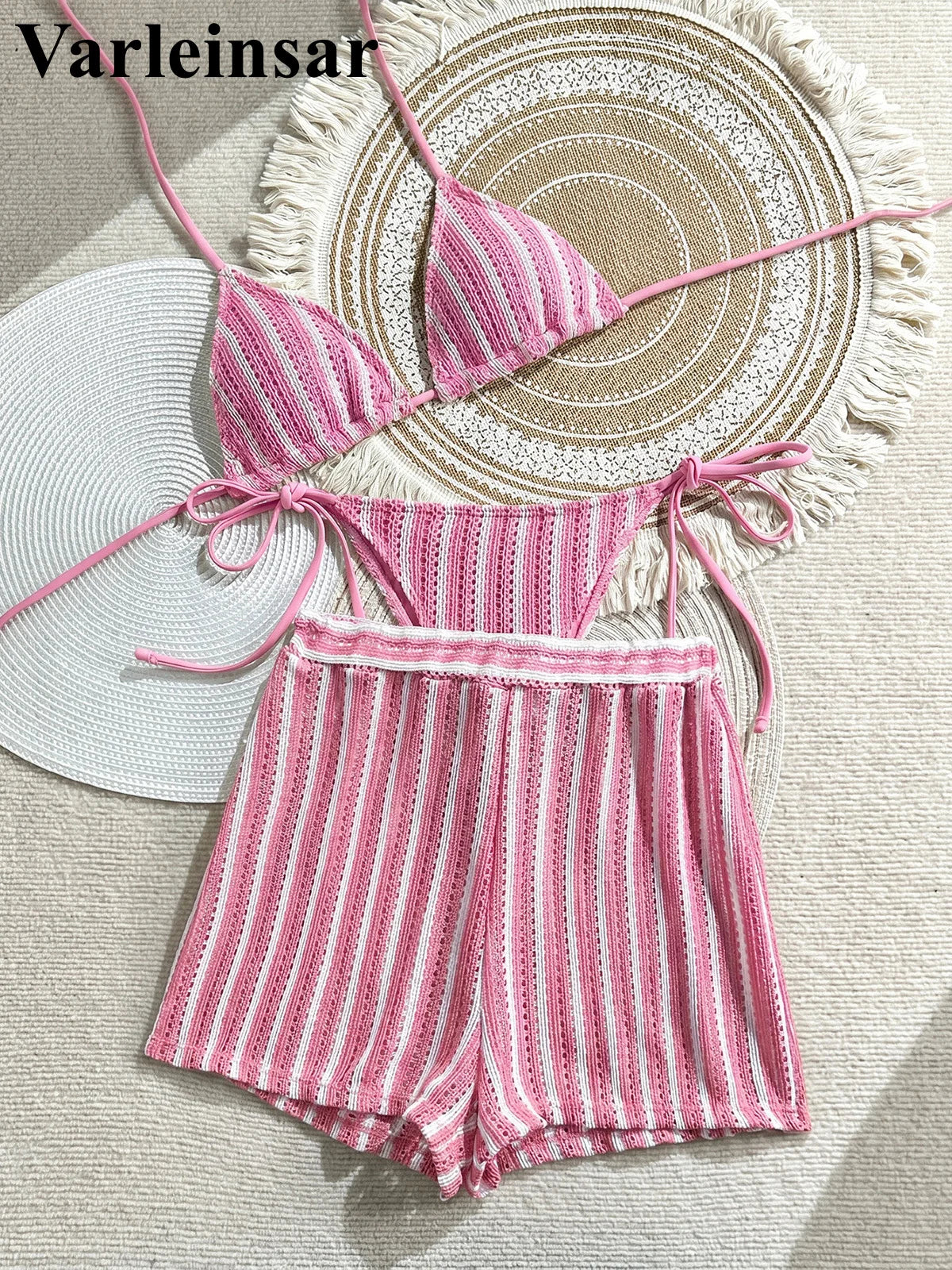 With Shorts Striped Halter Bikini Female Swimsuit Women Swimwear Three-Pieces Bikini Set Padded Bather Bathing Suit Swim V7159