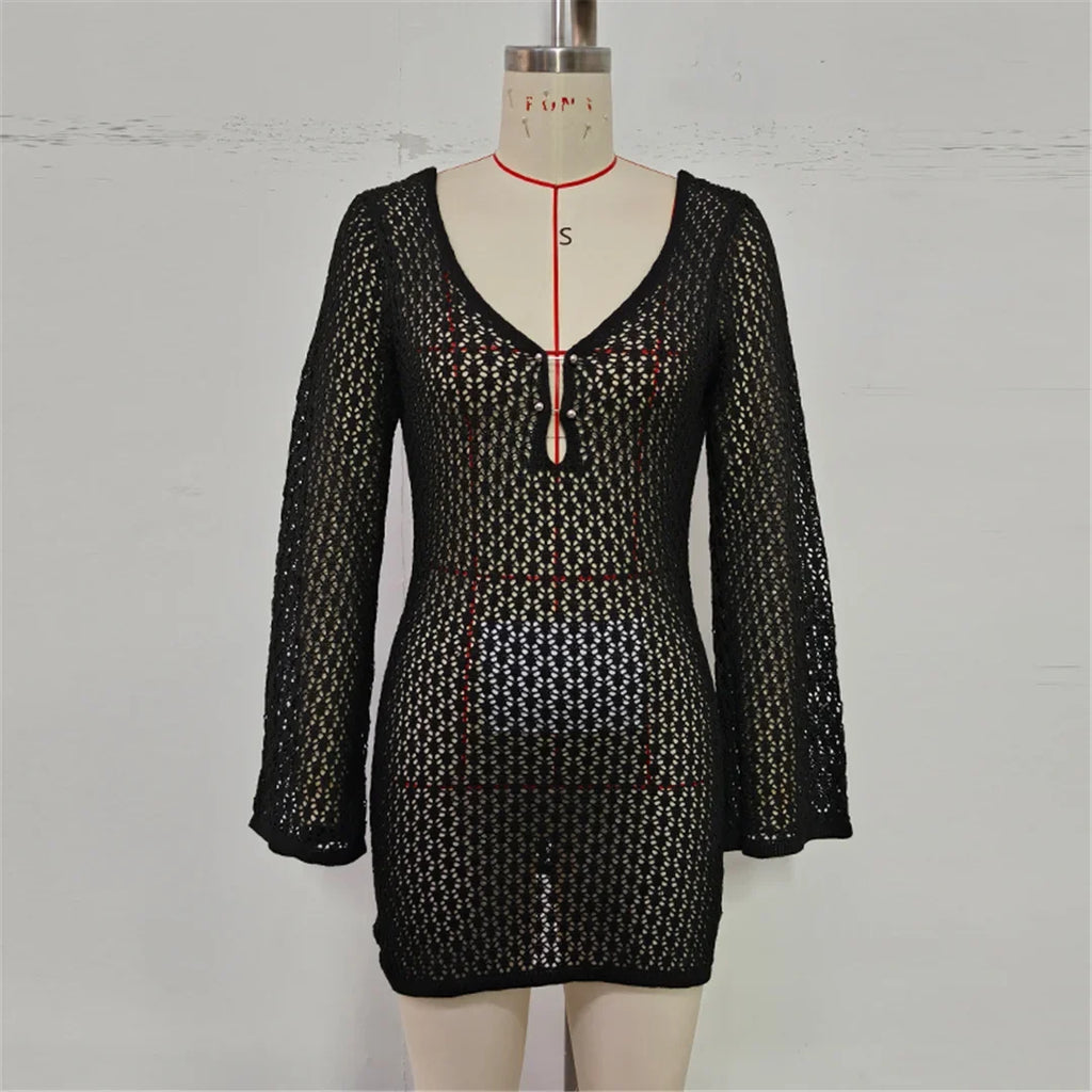 V Neck Long Sleeve Hollow Out Crochet Knitted Tunic Beach Cover Up Cover-ups Beach Dress Beach Wear Beachwear Female Women V7643