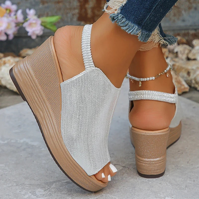 2025 New Gold Wegdes Sandals Women Summer Plus Size Chunky Platform Sandles Woman Elastic Back Strap High Heel Sandalias Mujer