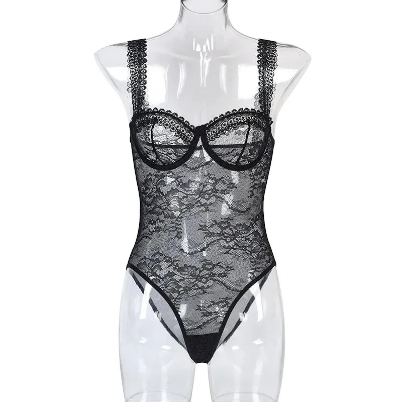 Toucheart Sexy Mesh Patchwork Embroidery Jumpsuit For Women Lace Sling Underwear Solid Color Sexy See-Through Backless Jumpsuit