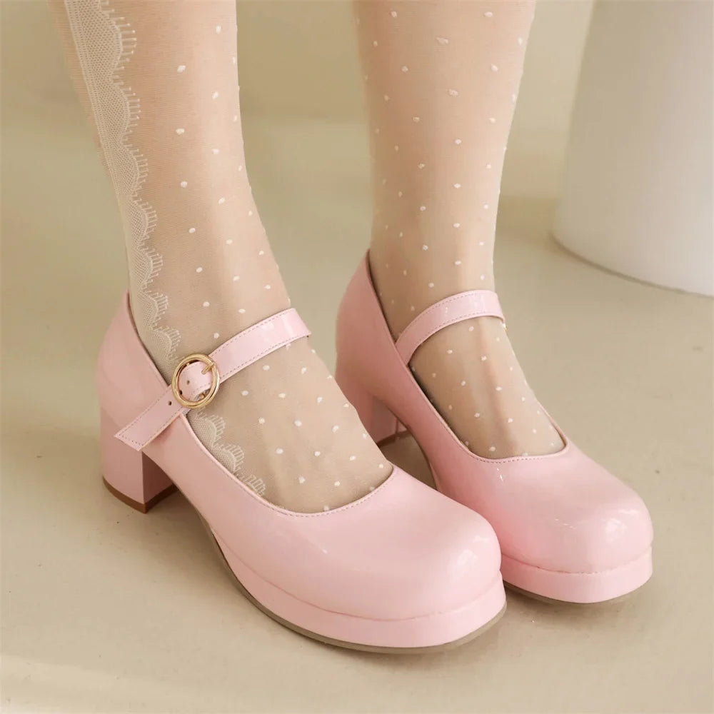 Plus Size 30-48 Mary Jane Shoes Women Sweet Lolita Round Toe Adjustable Buckle Strap Platform Thick Sole 5cm Block Heel Shoes