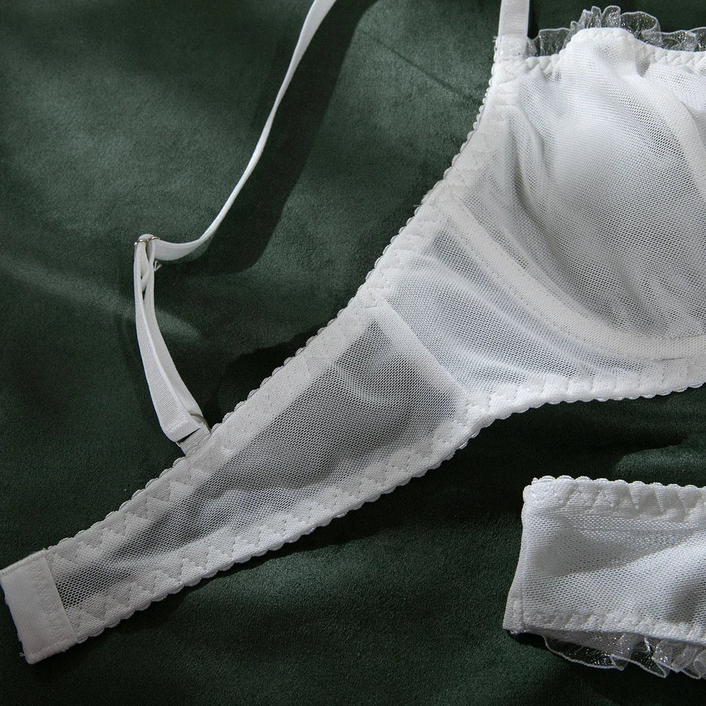 2Pcs Bra & Brief Set for Women Sexy White Ruffle Mesh Perspective Bow Patchwork Bra Bilizna Set Underwear Ultra Thin Intimate
