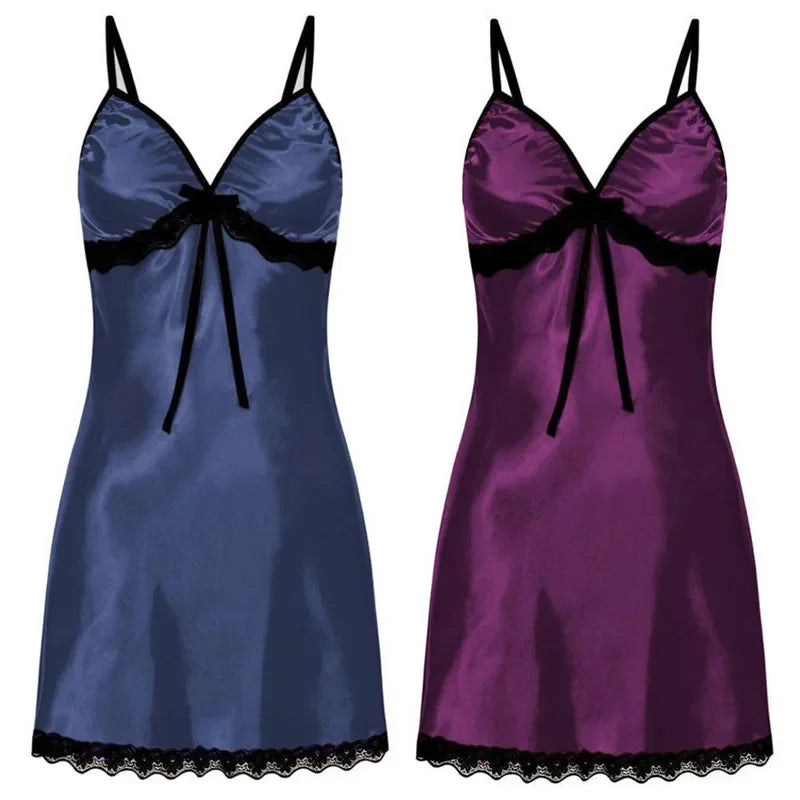 Lace Silk Satin Nightdress Women Sleepwear Lingerie Sleeveless Straps Mini Dress with Panties Nighties Nightgown