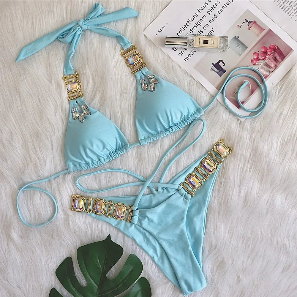 3 Colors Sexy Bikini Women Swimwear Swimsuit Luxe Crystal Diamond Halter Bandage Solid Bikinis Set Bathing Suit Beachwear Female