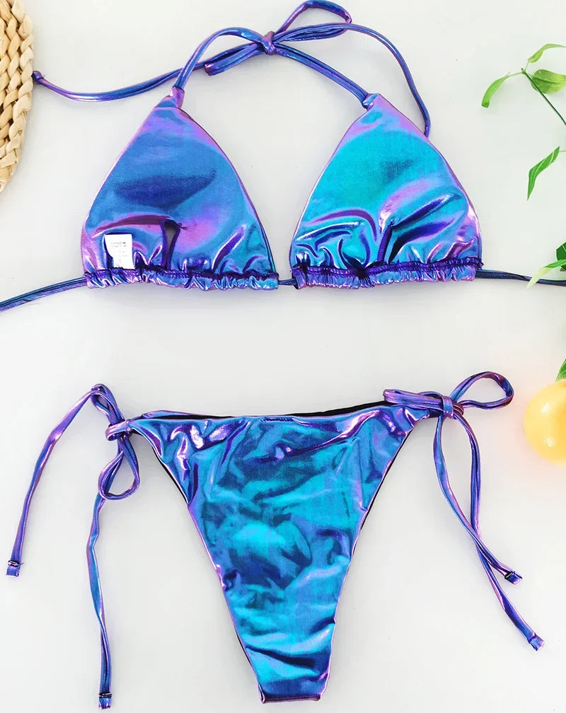 Sexy Shiny Pu Faux Leather Bikini 2025 Women Swimwear Female Swimsuit Two-pieces Bikini set String Bather Bathing Suit Swim Lady