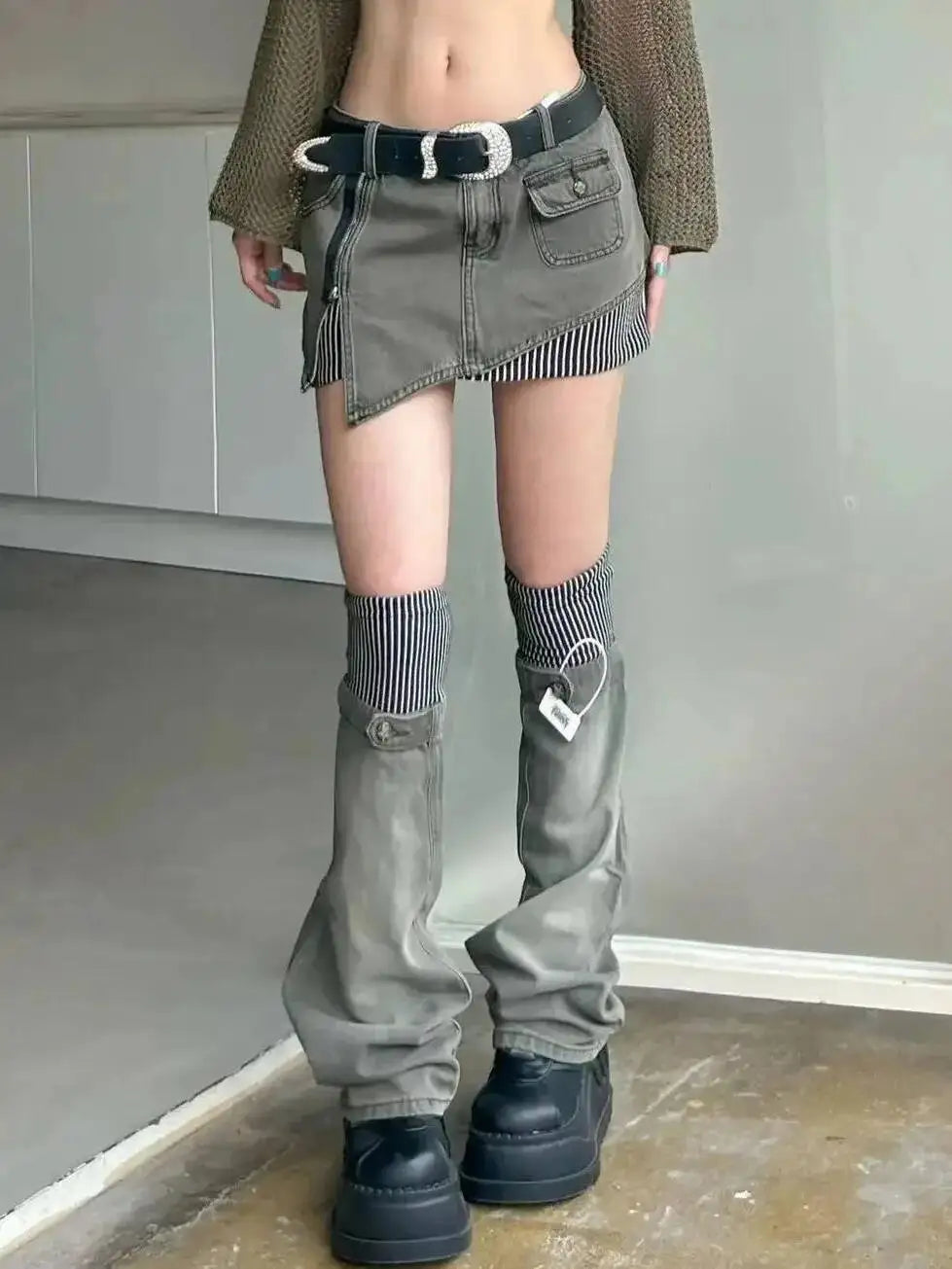 American Retro Patterned Patchwork Denim Suit Half Skirt Women Y2K Irregular Short Skirt Leg Cover Two-piece Set For Wearing N8J