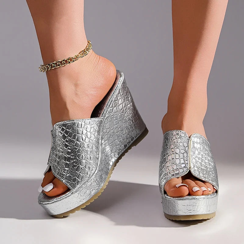 Women's Gold Wedges Sandals Summer 2026 Fashion Peep Toe Thick Platform Sandles Women Plus Size 42 Chunky Heels Slippers Woman