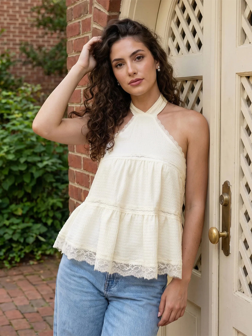 Women Solid Color Halter Top Sleeveless Tops Backless Lace Patchwork Summer Vest for Club Party