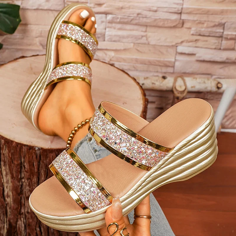 Chunky Platform Gold Sequins Sandals Women Summer Lightweight Wedges Slippers Woman Plus Size 43 Outdoor High Heel Sandles