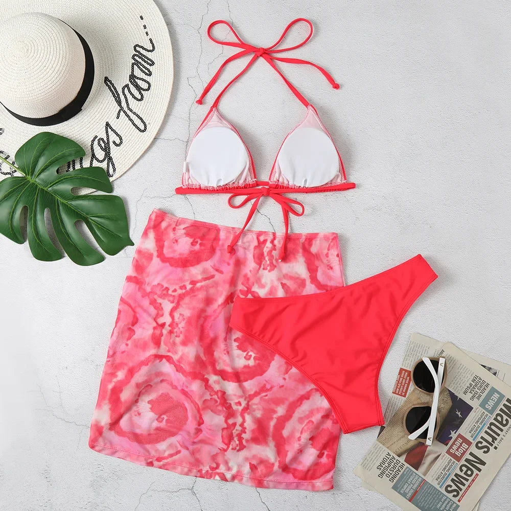 3 Pieces Bikini Set With Skirt  Tie Dye String Thong Bathing Suit Women Swimsuit Female  Swimwear Beach Wear Swim Lady Summer