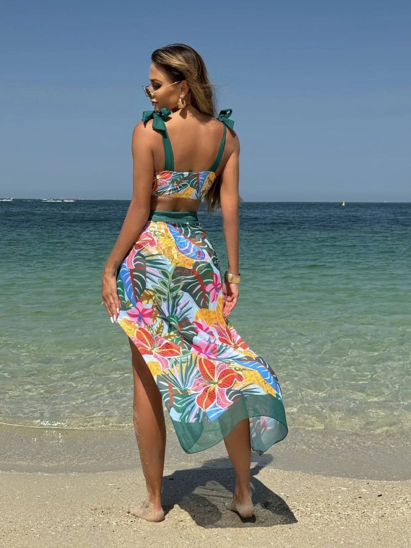 Vintage Green Leaves Print Bikini Set 2026 Women Tie Strap Push Up Underwire Long Skirt 3 Piece Swimsuit Bathing Suit Swimwear