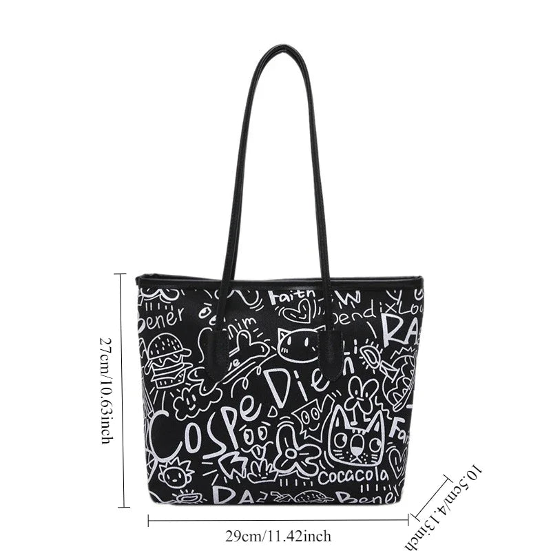 Large Capacity Printed Tote Bag, Fashion and Versatile Casual Single Shoulder Handbag with Pendant, College Style Women's Bags