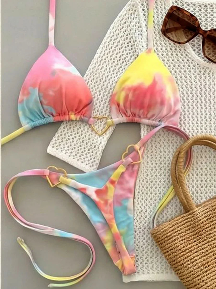 Metal Heart-shaped Halter Mini Micro Thong Bikini Female Swimsuit Women Swimwear Two-pieces Bikini Set Bather Bathing Suit Swim