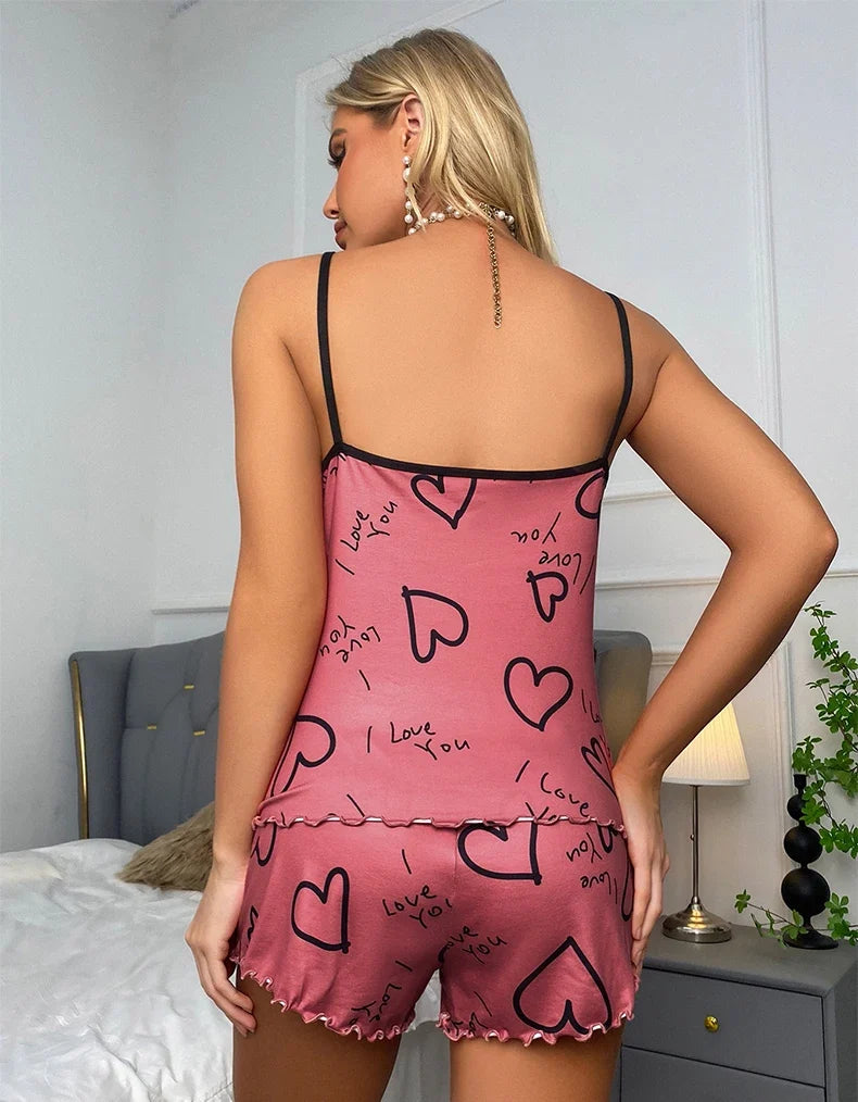Sexy pajama Set for Women Print Sling Vest Top and Shorts Loungewear 2-Piece Suit Sleepwear Girls Nightwear Home Clothes Summer