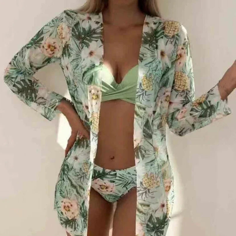 Boho Style Women's 3 Pieces Swimsuit Floral Bikini Set+Long Sleeve Cover-Up Swimwear Sexy Low Waist Tankinis Beachwear Holiday