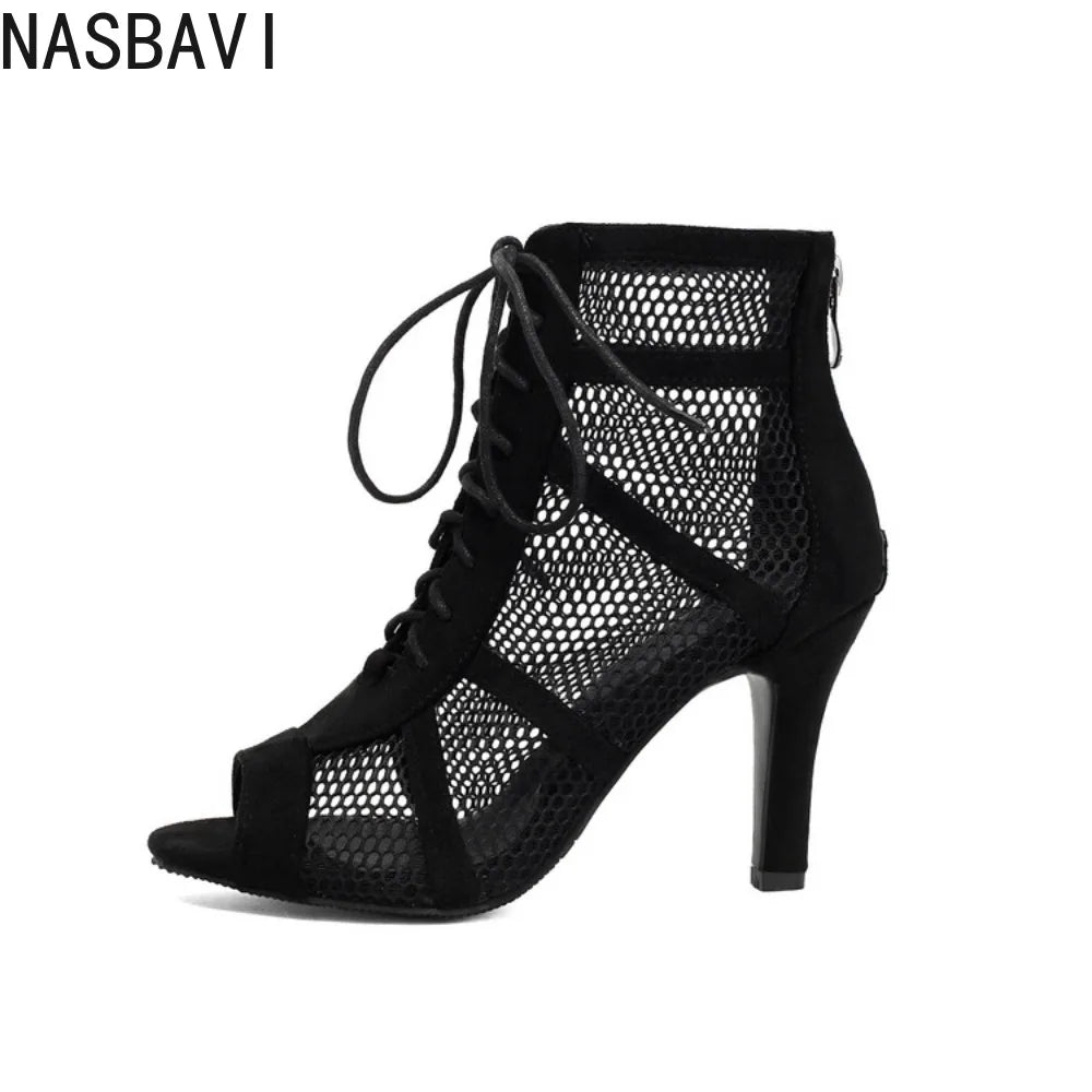 NASBAVI Women Latin Dance Boots Tango Party Shoes for Ladies Girls High Heels Ballroom Dance Shoes Mesh Rumba Samba Salsa Shoes