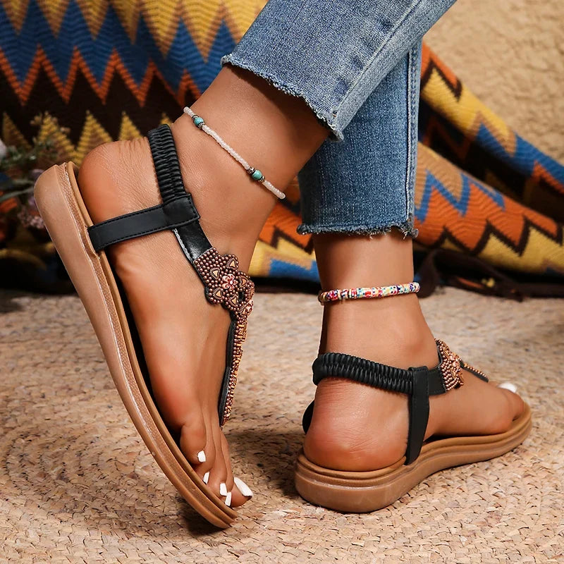 Bohemian Style Flowers Decor Flats Sandals Women Summer 2025 Clip Toe Non Slip Beach Sandalias Mujer Plus Size Slip On Sandles