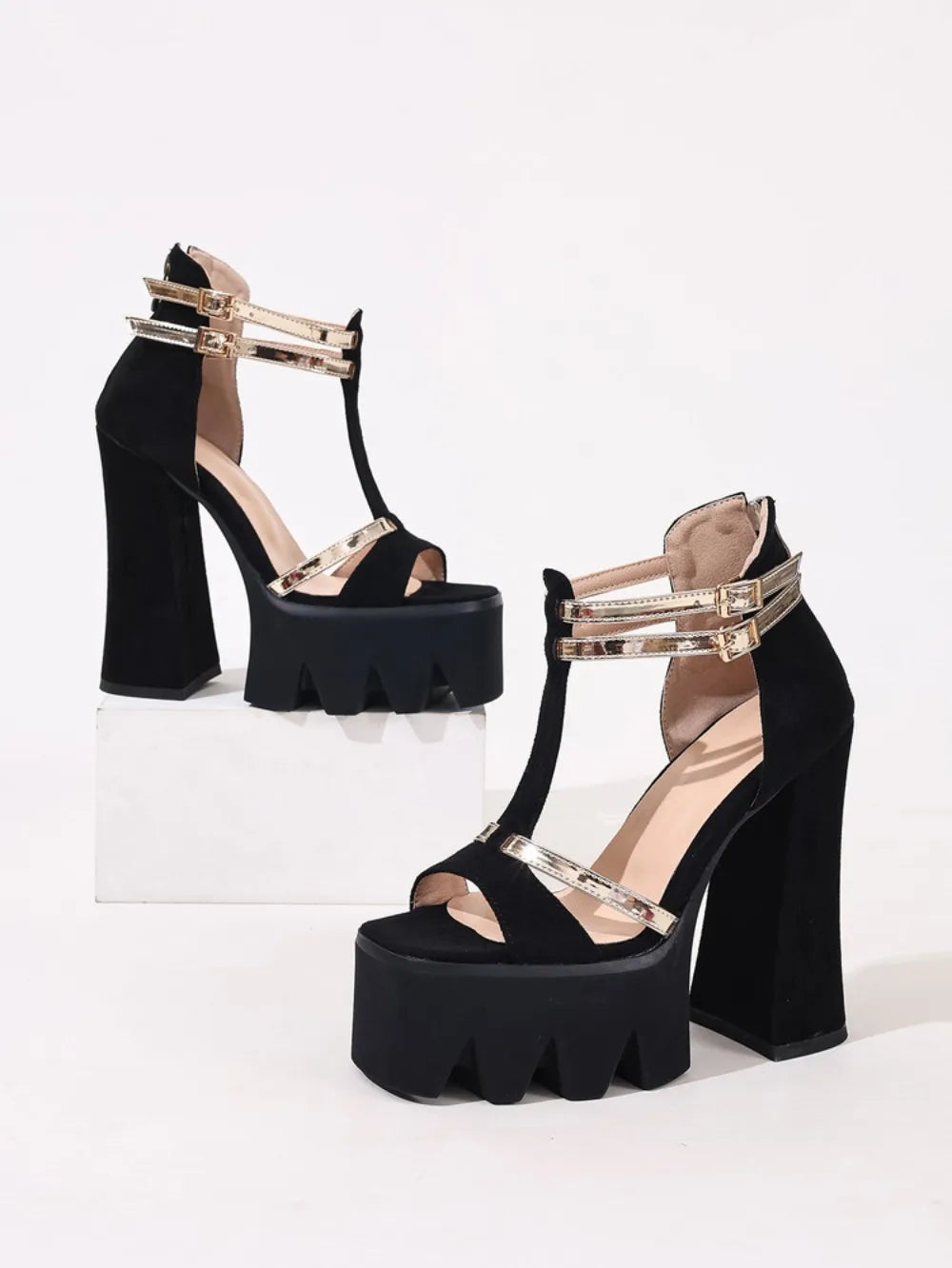 Women's Flock Suede Leather T-Strap Platform Sandals Chunky High Heels Elegant Sandals Sexy Party Shoes Rose red England 34-43
