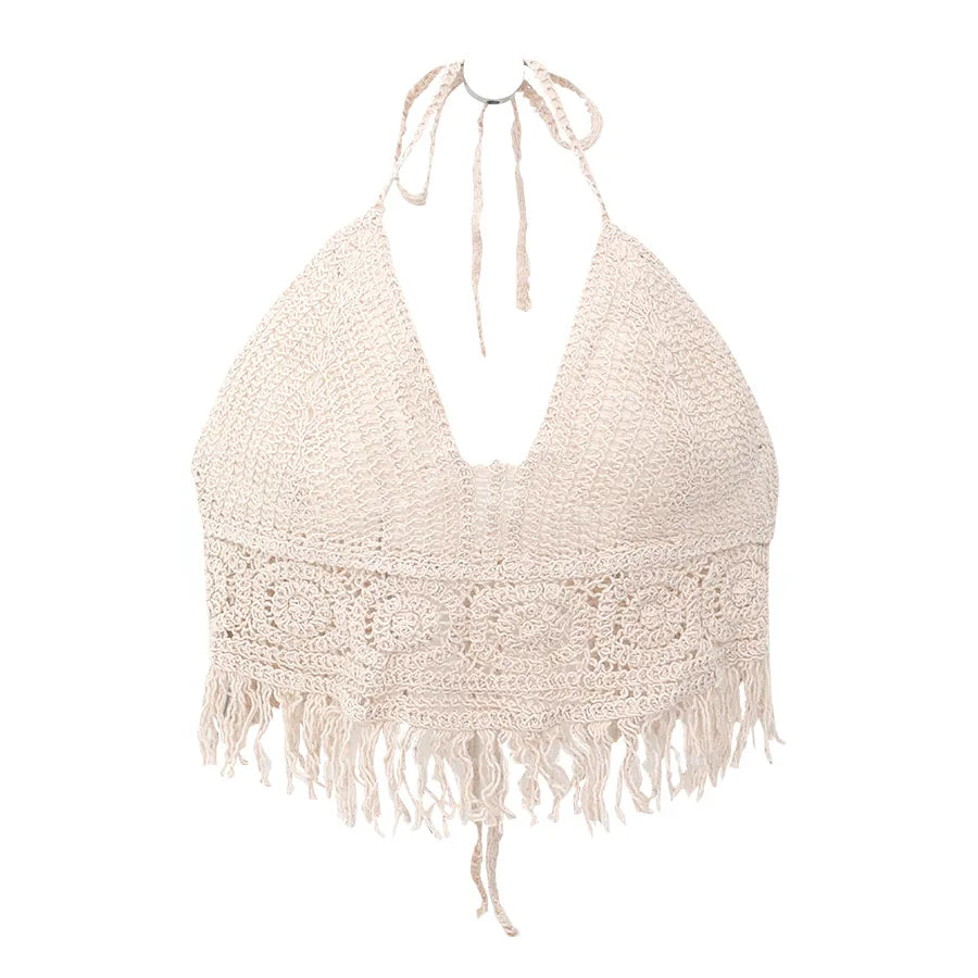 Boho Crochet Halter Top for Women Summer Beach Knit Crop Top with Tassels Backless Sleeveless Bralette