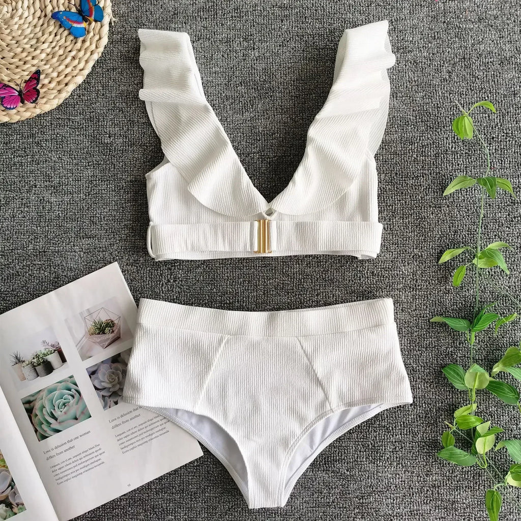 2026 New Sexy Bikini Women White Swimwear Swimsuit Ruffle V-neck Metal Buckle High Waist Beach Bikinis Set Bathing Suit Push Up