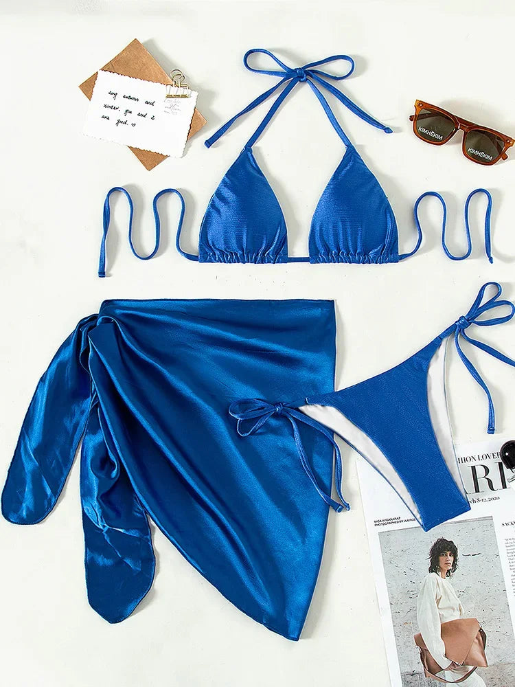 3pcs Halter with Skirt Sarong Satin Bikini Women Swimwear Female Swimsuit Three-pieces Bikini Set Micro Bather Bathing Suit Swim
