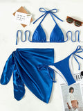3pcs Halter with Skirt Sarong Satin Bikini Women Swimwear Female Swimsuit Three-pieces Bikini Set Micro Bather Bathing Suit Swim
