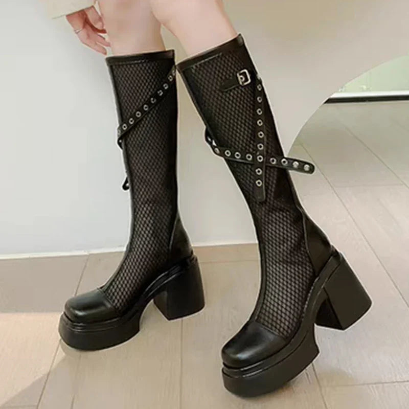 2025 Summer Fashion Breathable Mesh Boots for Women Party Platform Zipper Mid-Calf Boots Woman Solid Buckle Strap Shoes Ladies