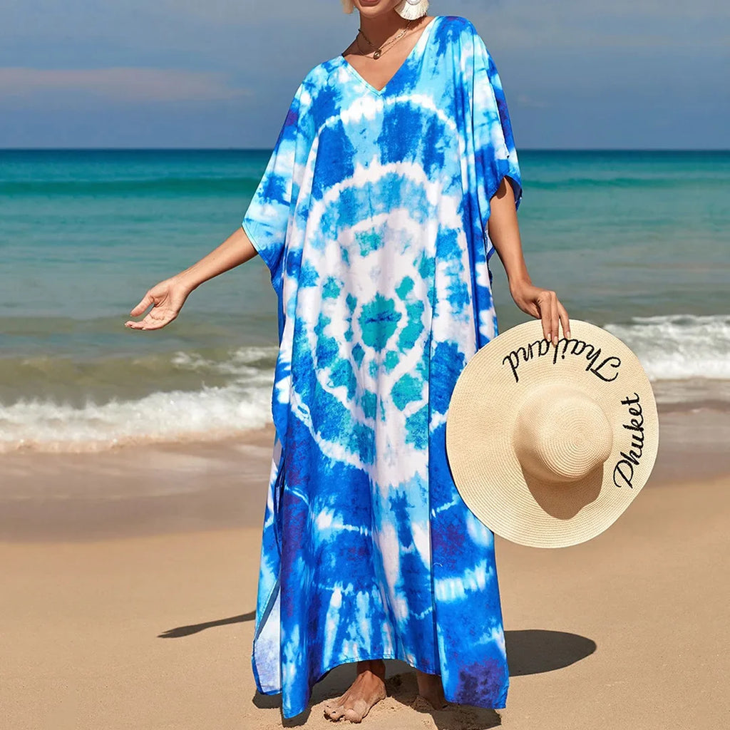 2026 New Colorful Kaftan Tunic Beach Dress Beach Wear Beachwear Beach Cover Up Cover-upsLoose Maxi Dress Female Women V4428